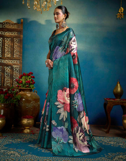 Green Linen Floral Printed Saree