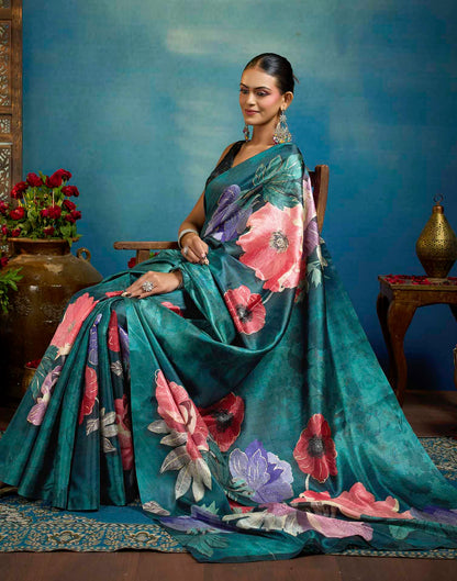 Green Linen Floral Printed Saree