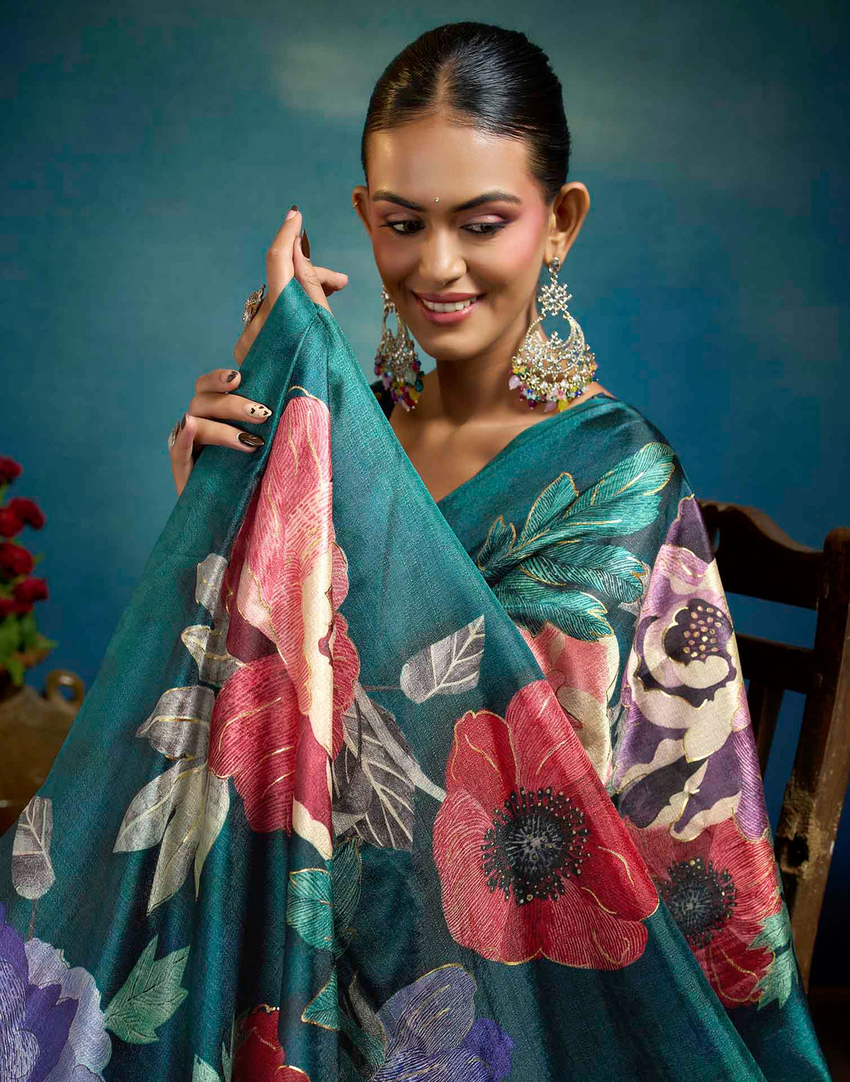 Green Linen Floral Printed Saree