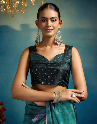 Green Linen Floral Printed Saree