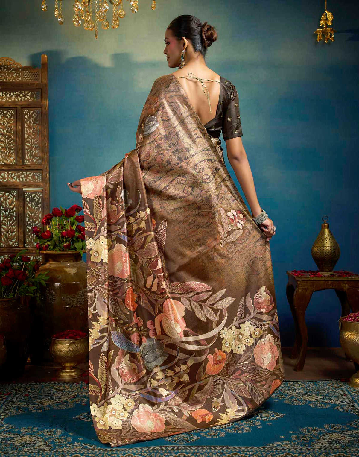 Brown Linen Floral Printed Saree