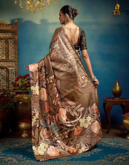 Brown Linen Floral Printed Saree