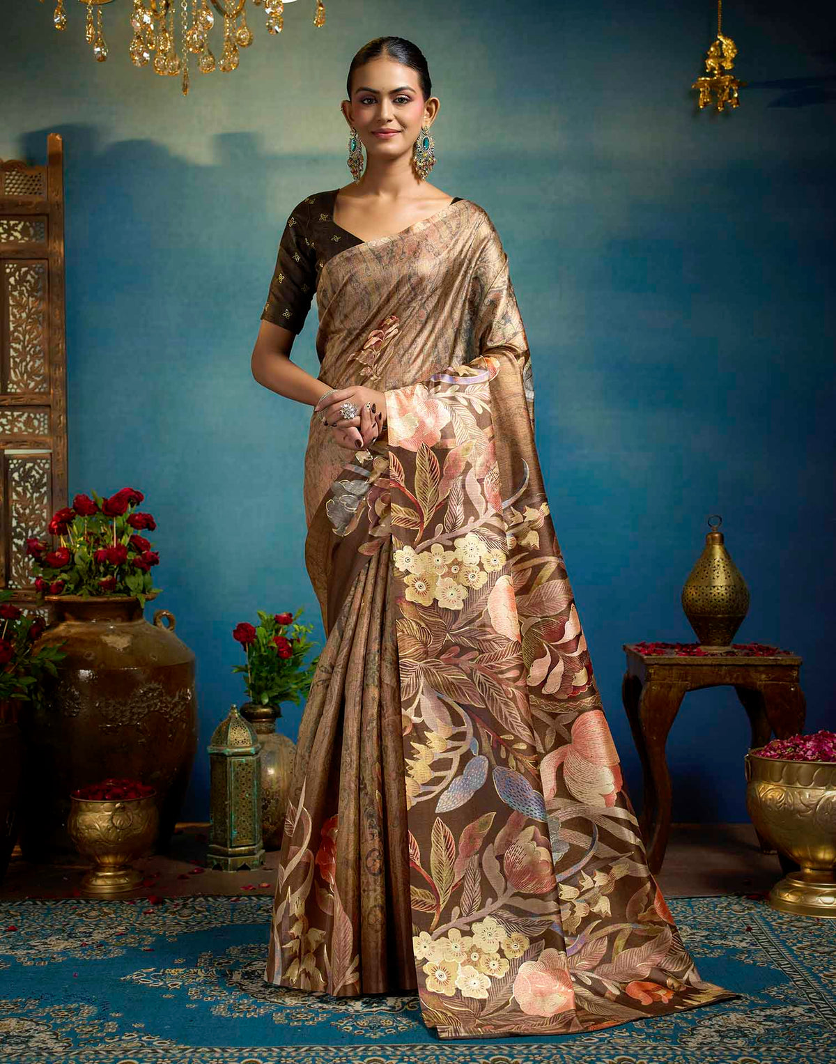 Brown Linen Floral Printed Saree