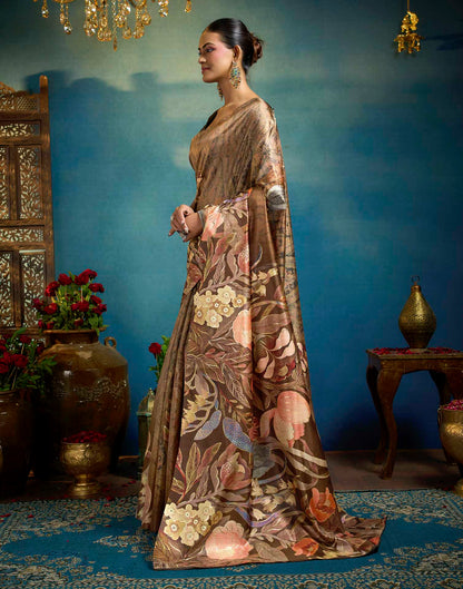 Brown Linen Floral Printed Saree