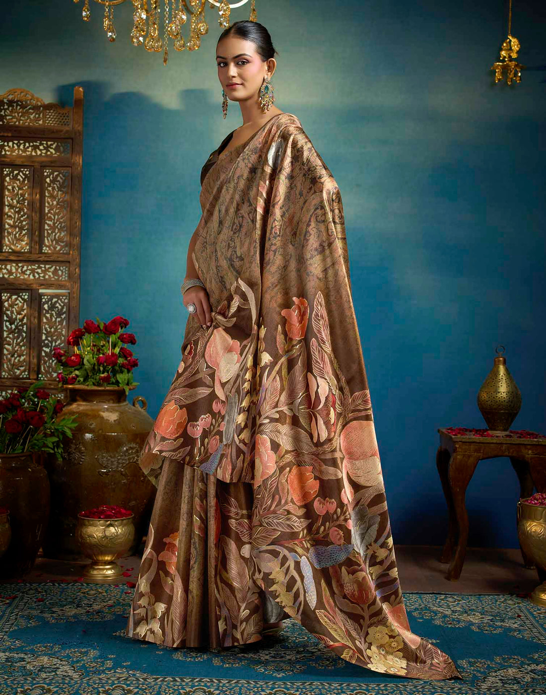 Brown Linen Floral Printed Saree