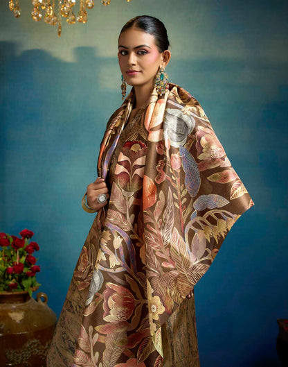 Brown Linen Floral Printed Saree