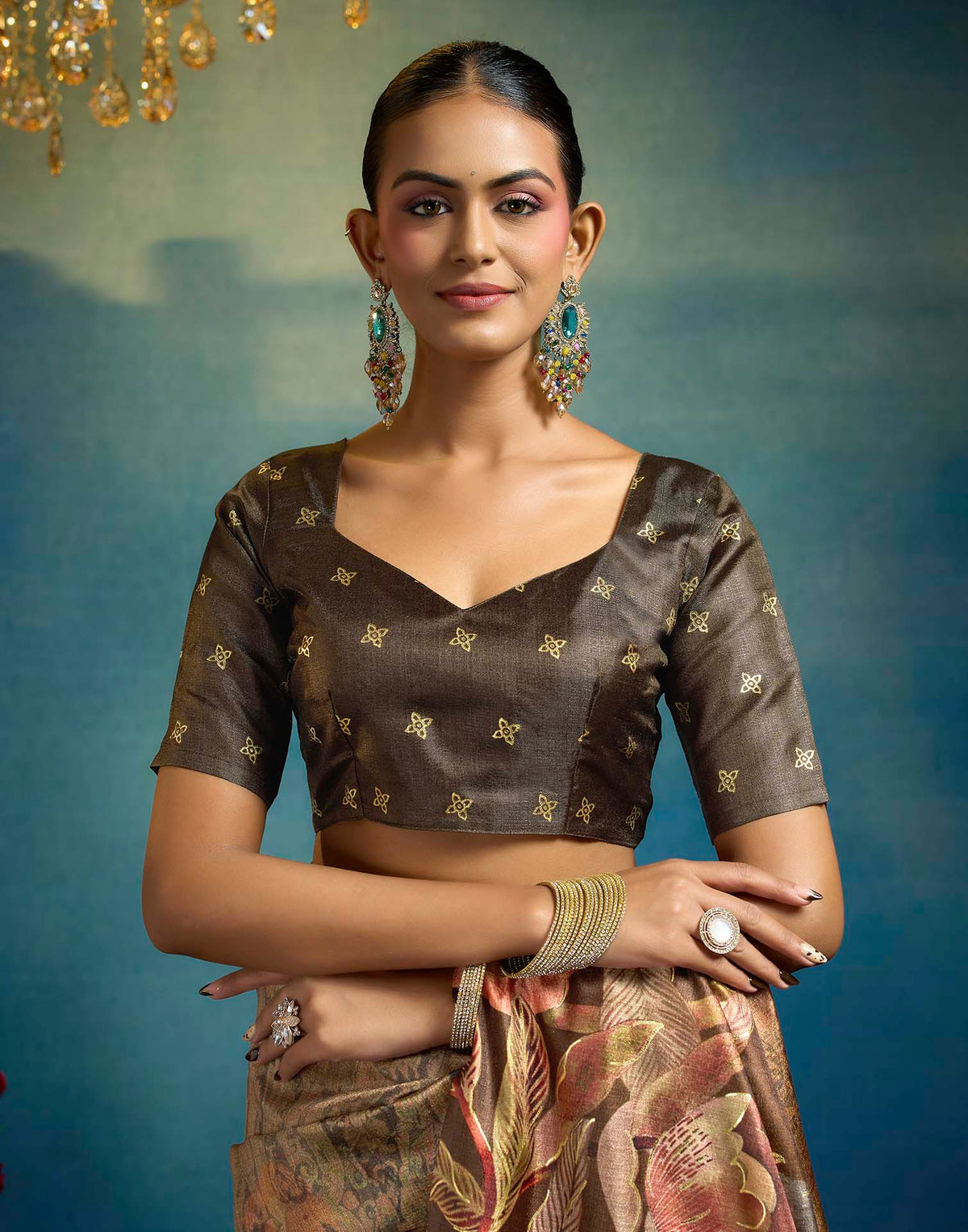 Brown Linen Floral Printed Saree