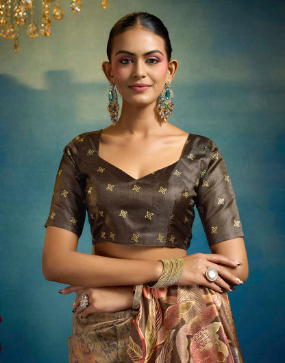 Brown Linen Floral Printed Saree
