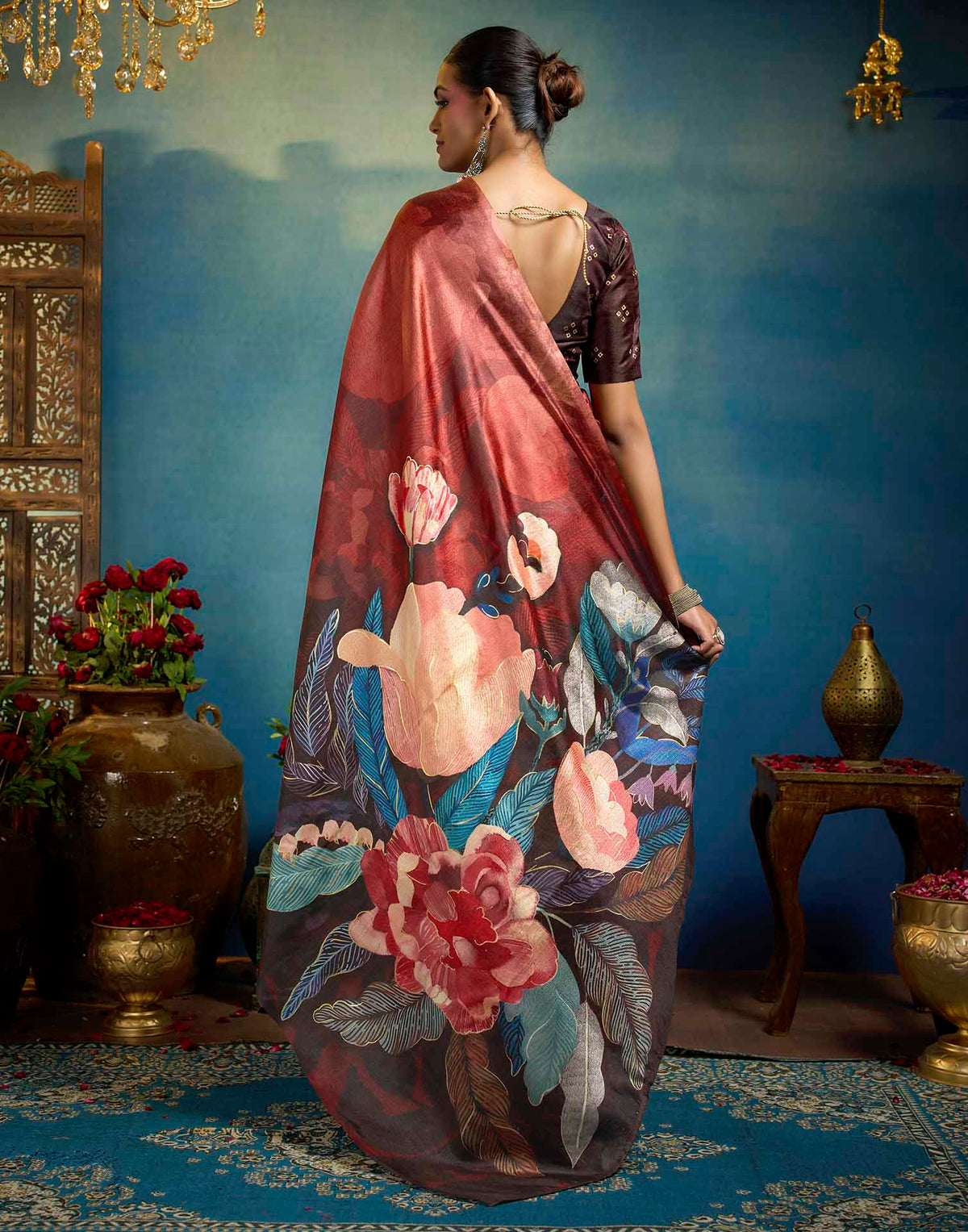 Maroon Linen Floral Printed Saree