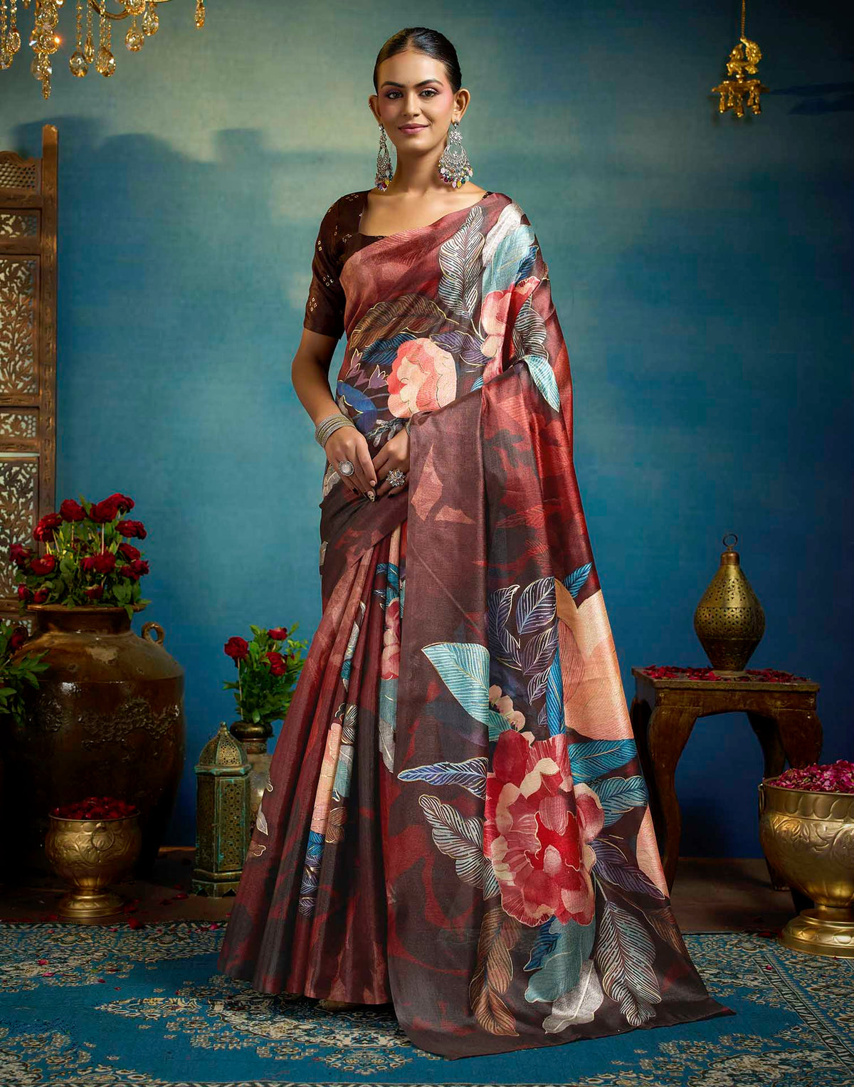 Maroon Linen Floral Printed Saree