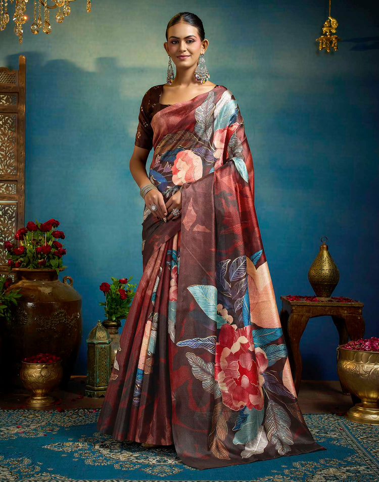 Maroon Linen Floral Printed Saree
