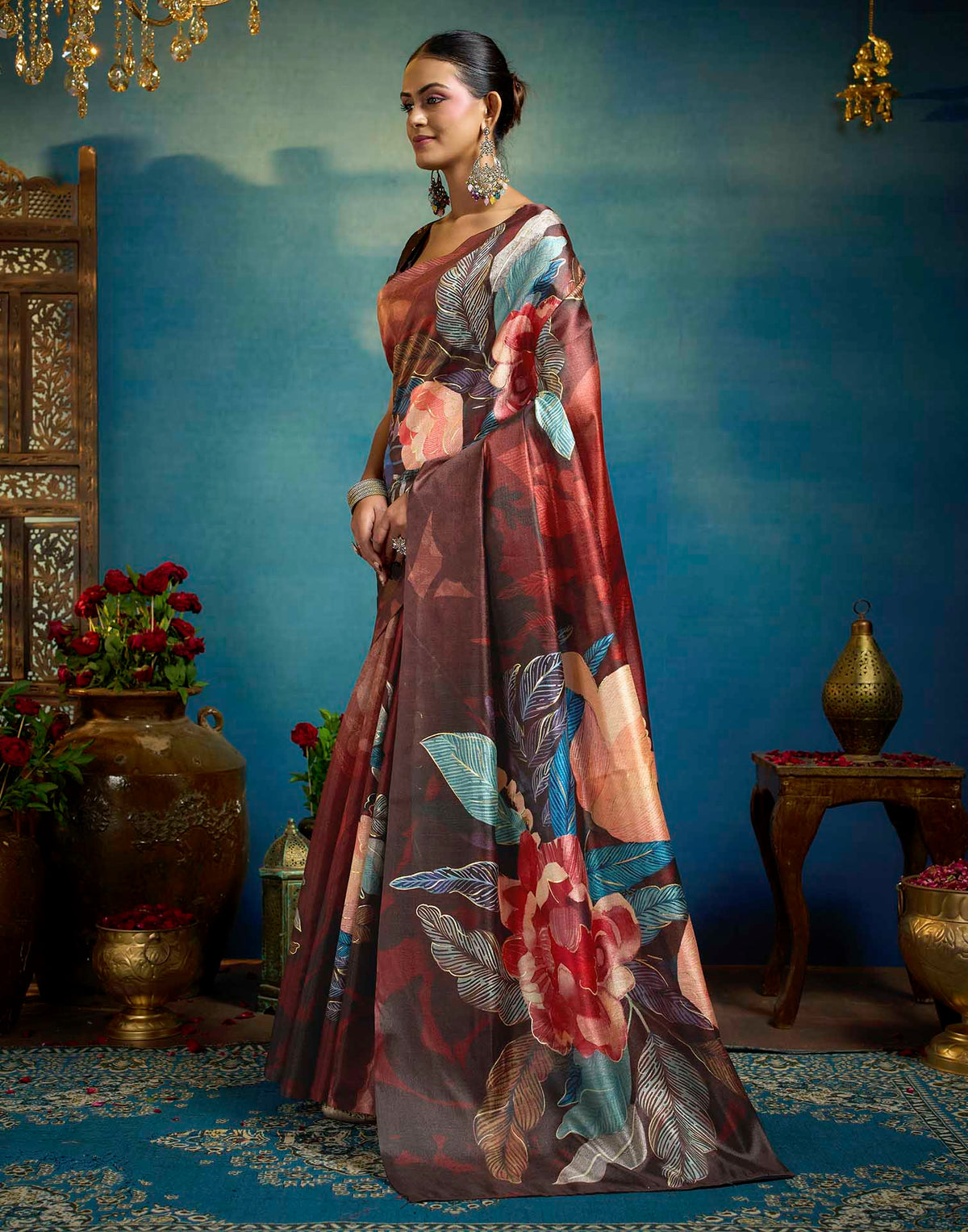 Maroon Linen Floral Printed Saree