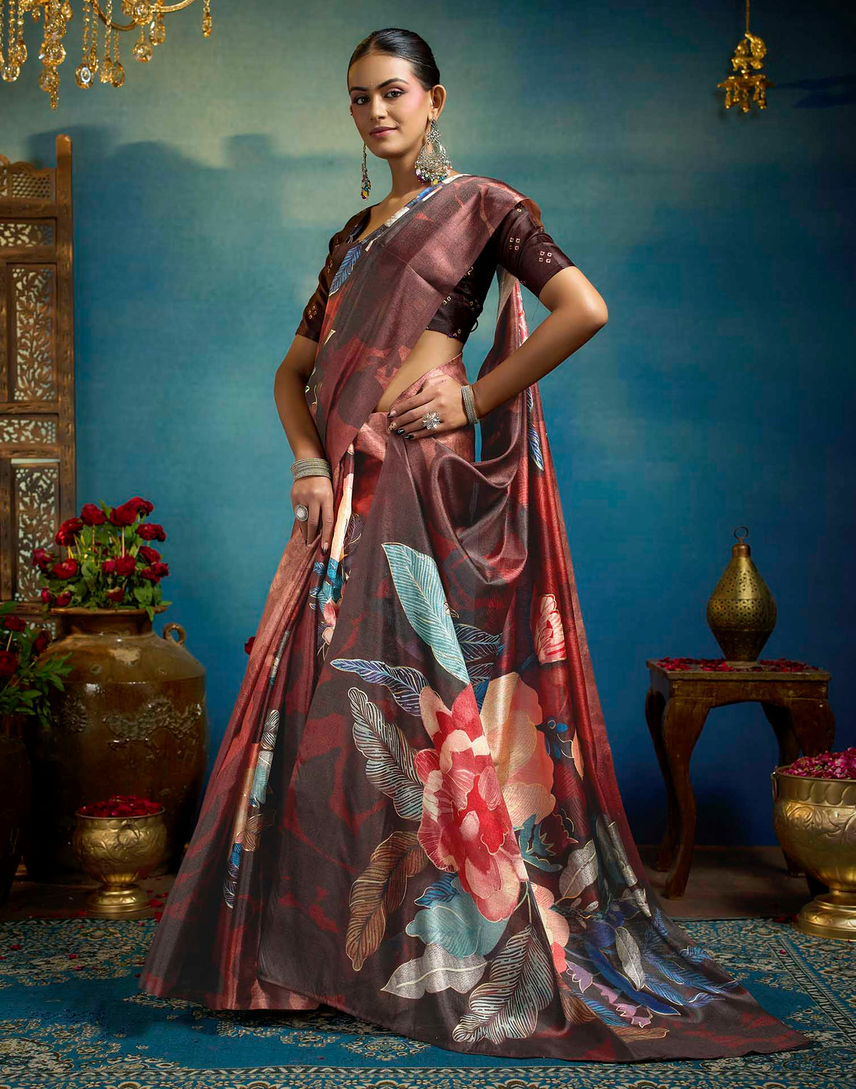 Maroon Linen Floral Printed Saree