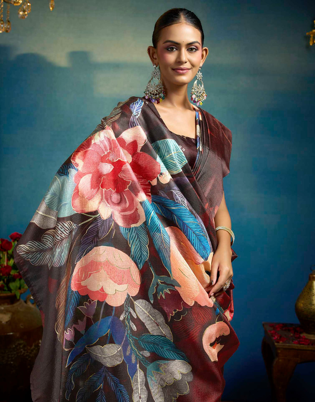 Maroon Linen Floral Printed Saree