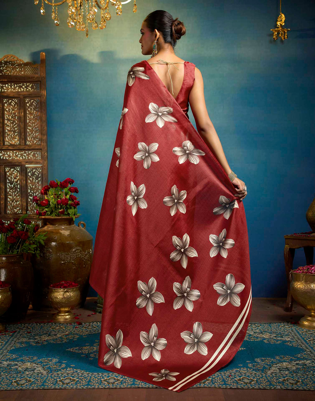 Red Linen Floral Printed Saree