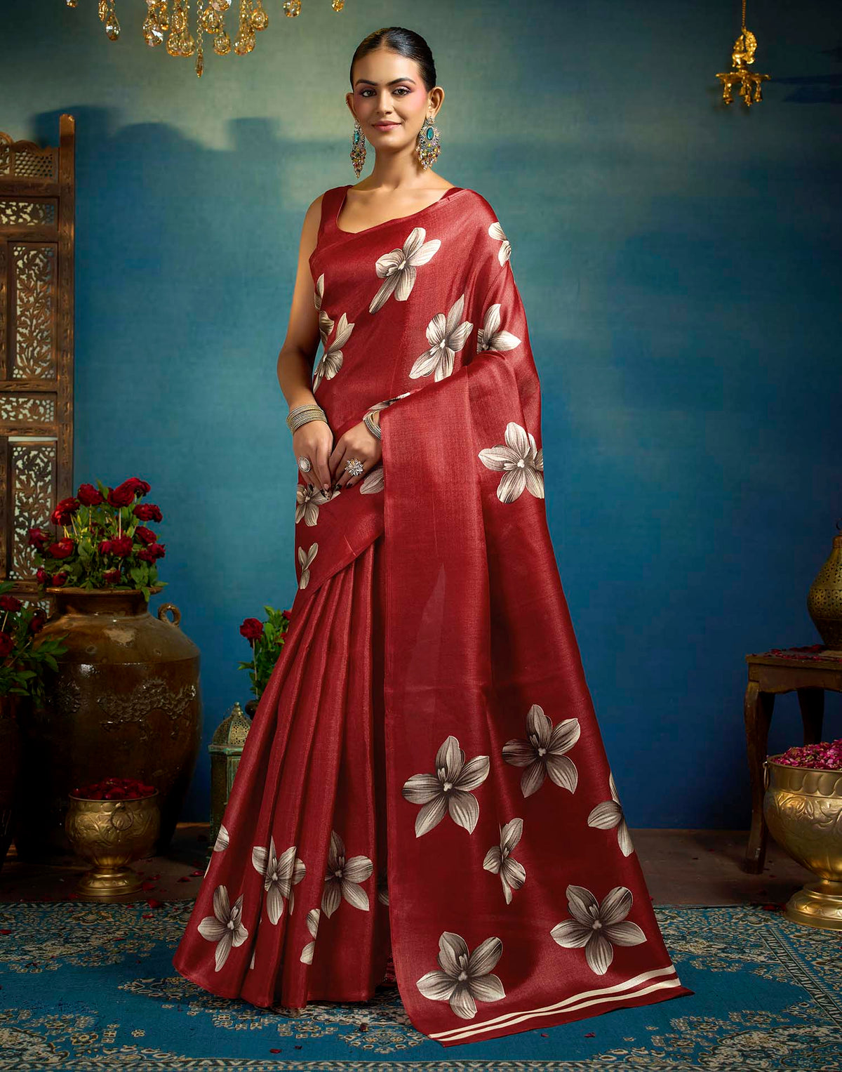 Red Linen Floral Printed Saree