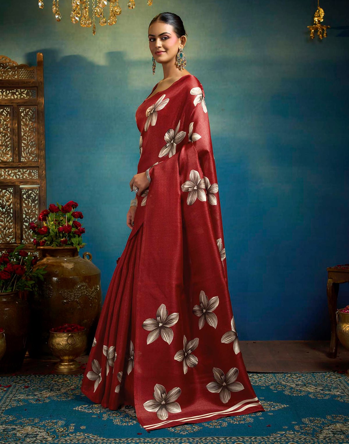 Red Linen Floral Printed Saree