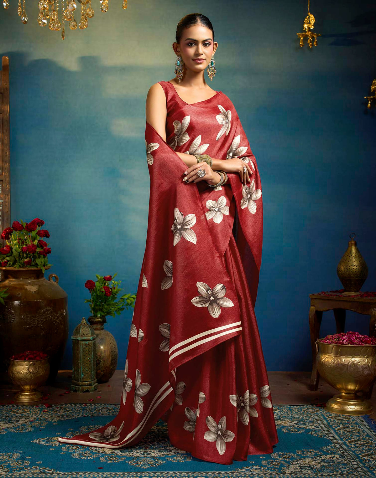 Red Linen Floral Printed Saree
