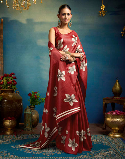 Red Linen Floral Printed Saree