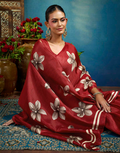 Red Linen Floral Printed Saree