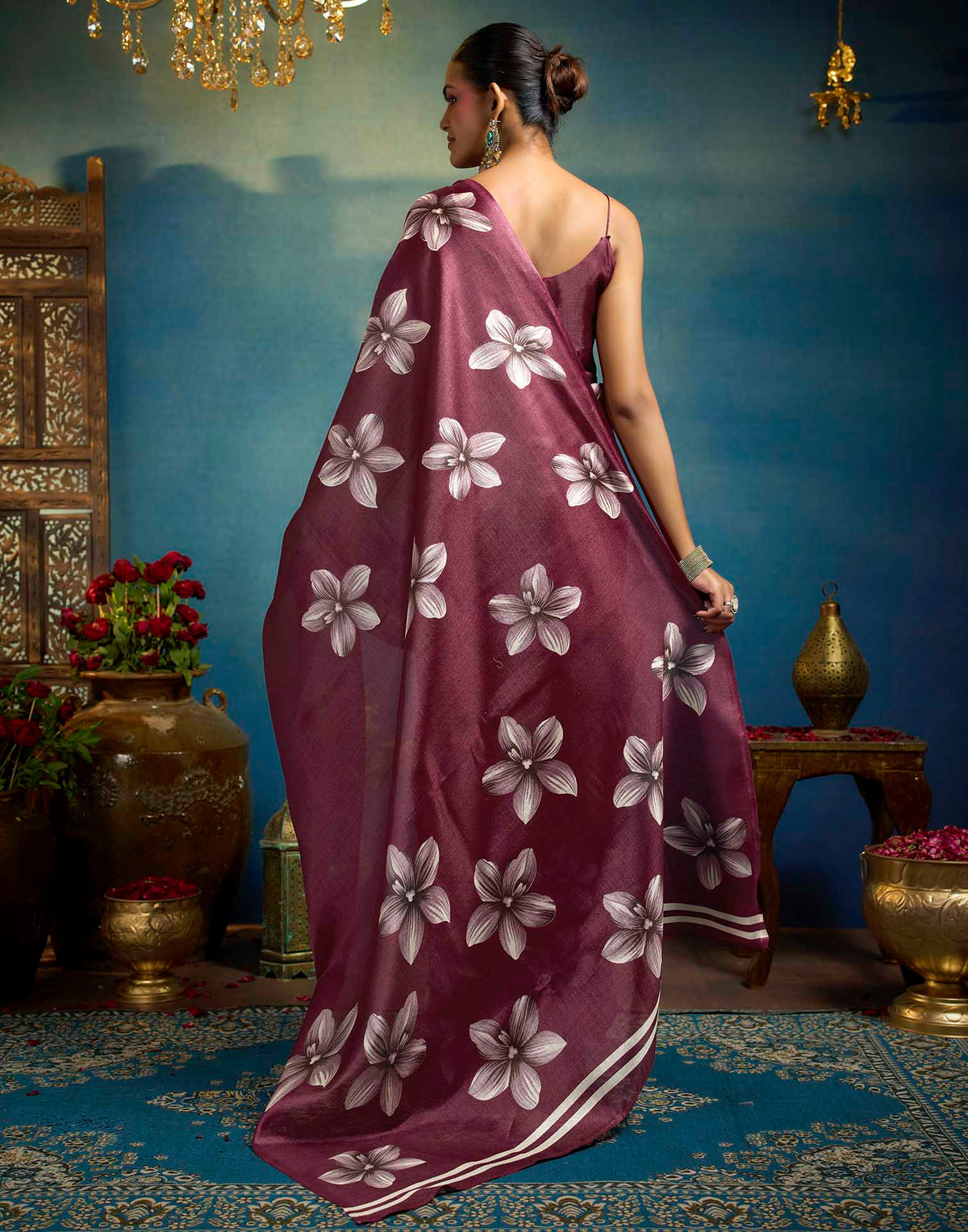 Maroon Linen Floral Printed Saree