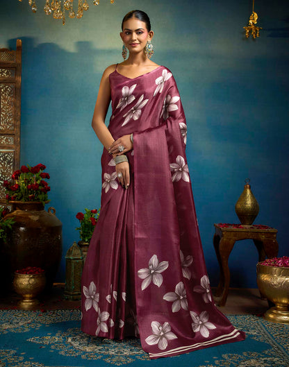 Maroon Linen Floral Printed Saree