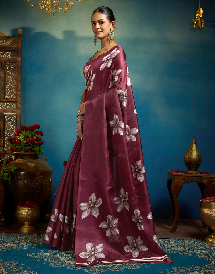 Maroon Linen Floral Printed Saree