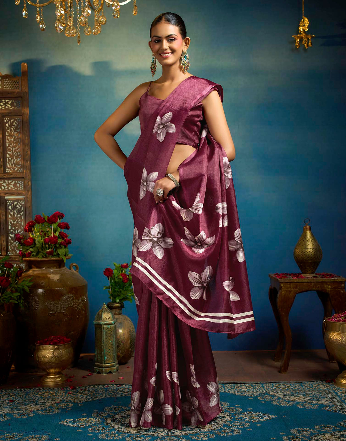 Maroon Linen Floral Printed Saree