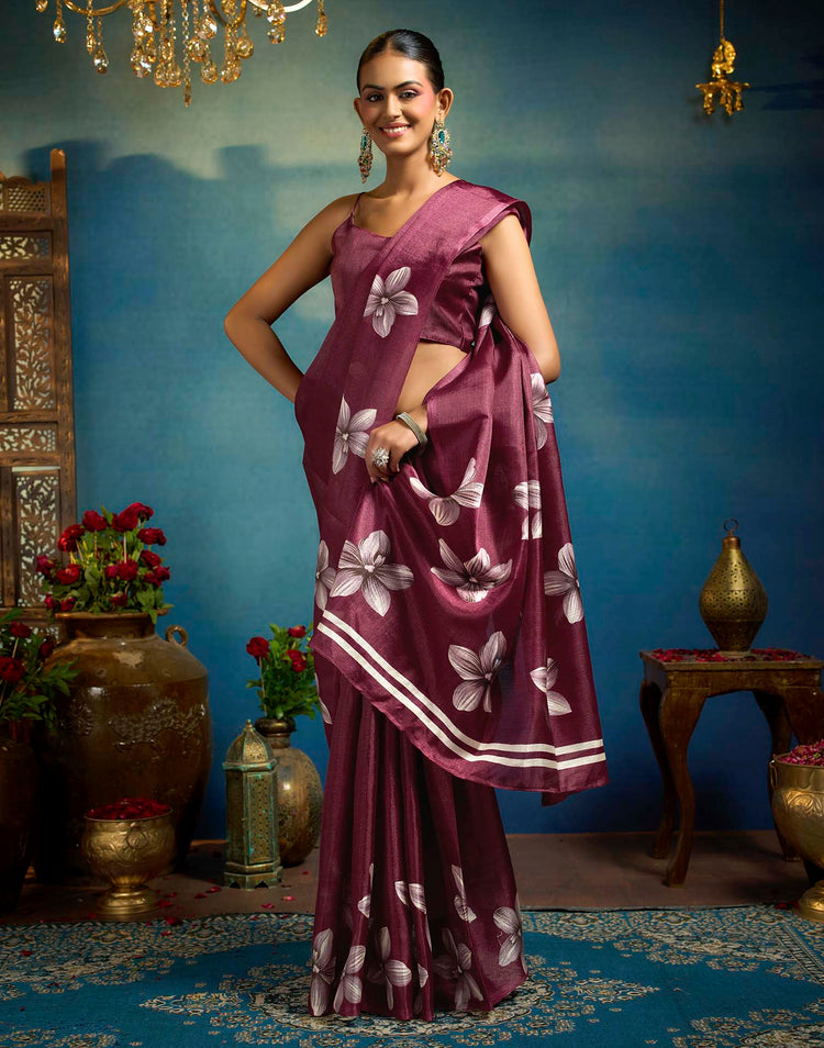 Maroon Linen Floral Printed Saree