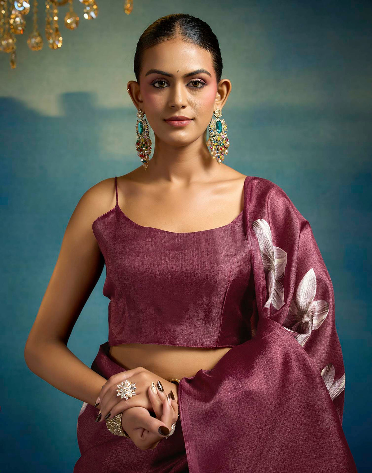 Maroon Linen Floral Printed Saree
