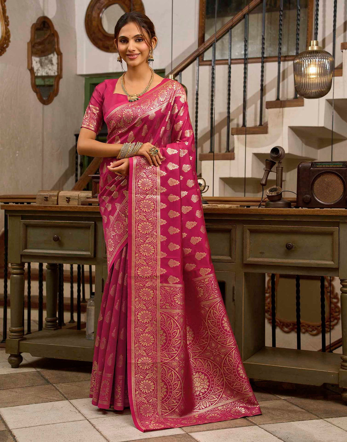 Magenta Silk Woven Banarasi Saree