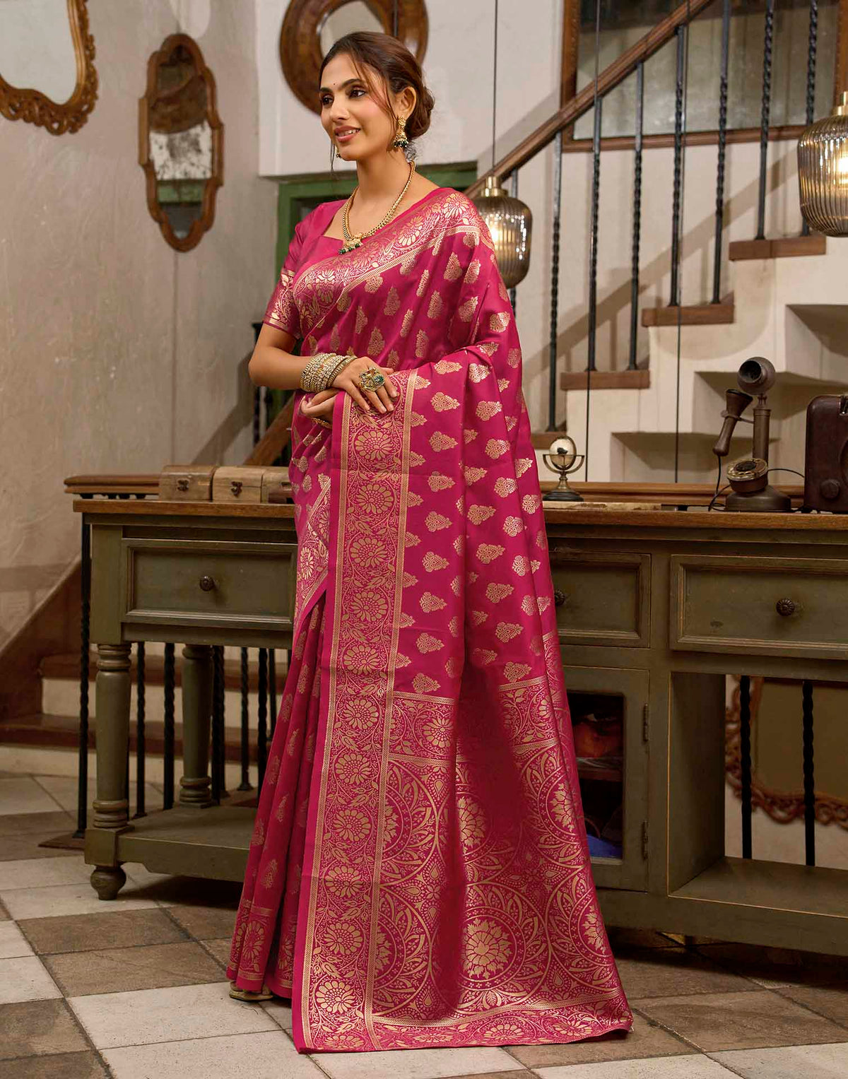 Magenta Silk Woven Banarasi Saree