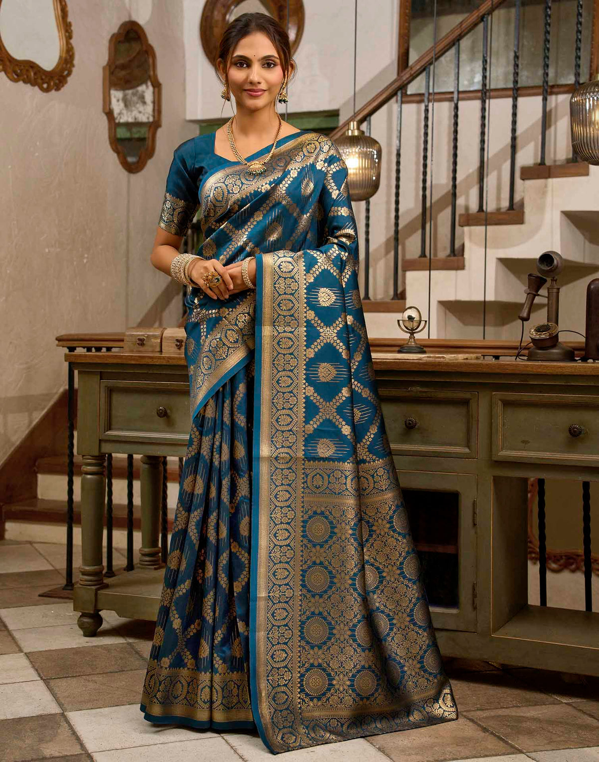 Peacock Blue Silk Woven Banarasi Saree