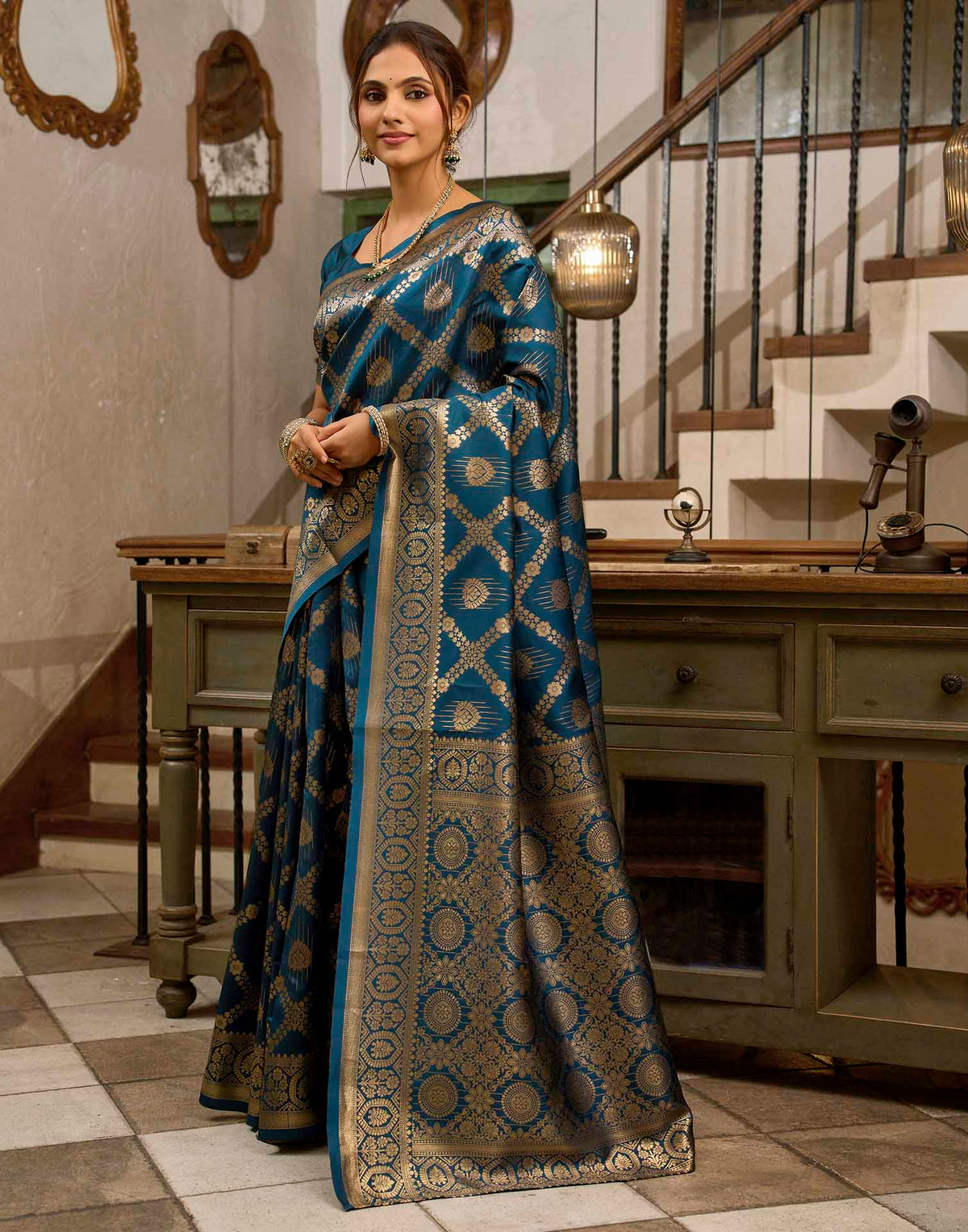 Peacock Blue Silk Woven Banarasi Saree