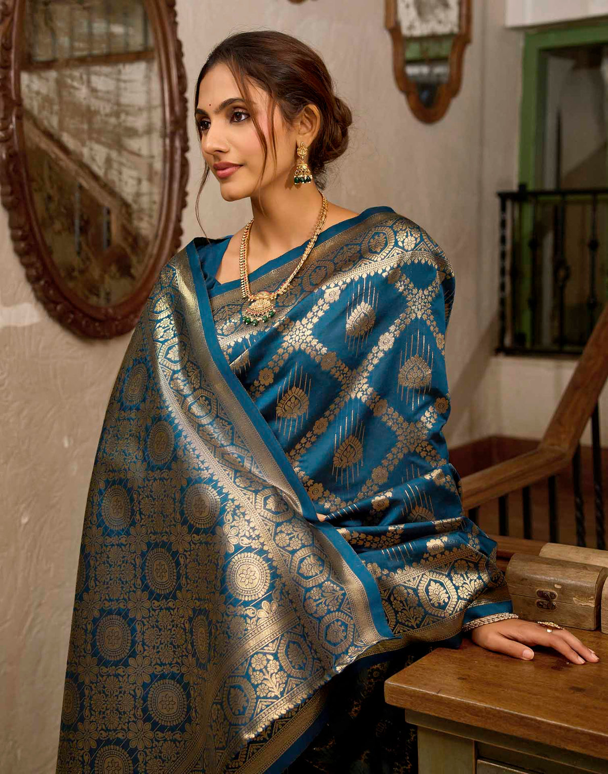 Peacock Blue Silk Woven Banarasi Saree