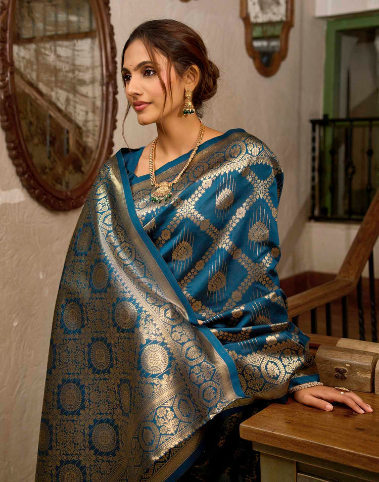 Peacock Blue Silk Woven Banarasi Saree