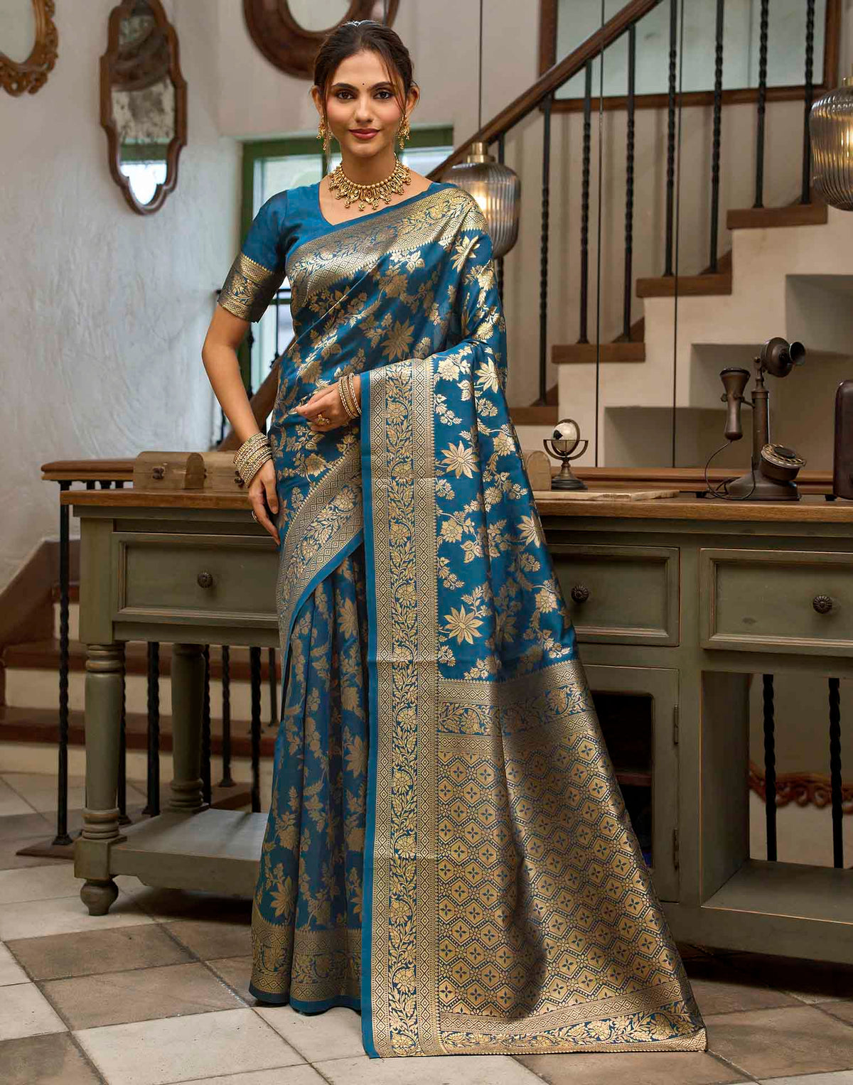 Peacock Blue Silk Woven Banarasi Saree