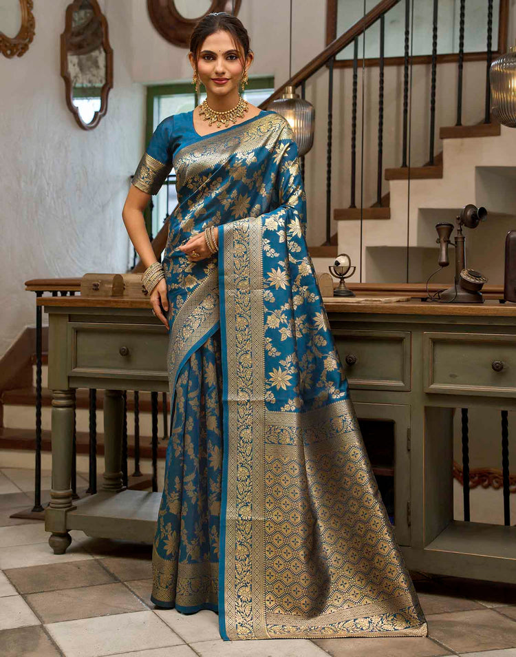 Peacock Blue Silk Woven Banarasi Saree