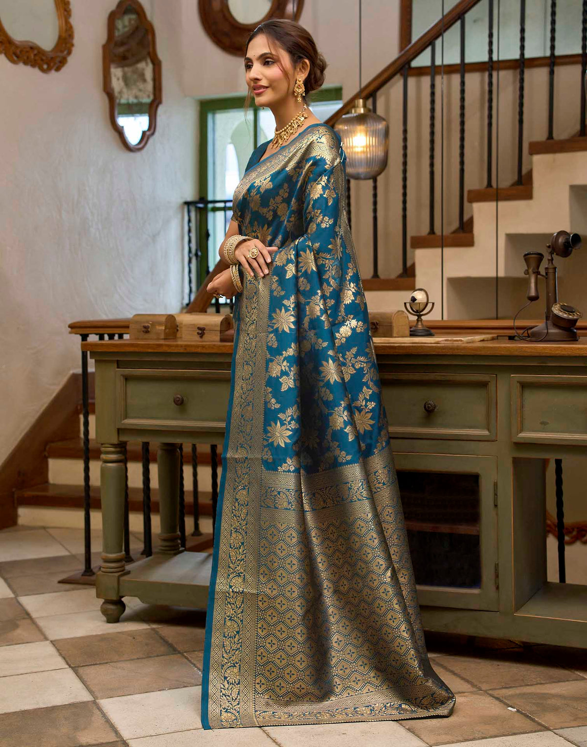 Peacock Blue Silk Woven Banarasi Saree