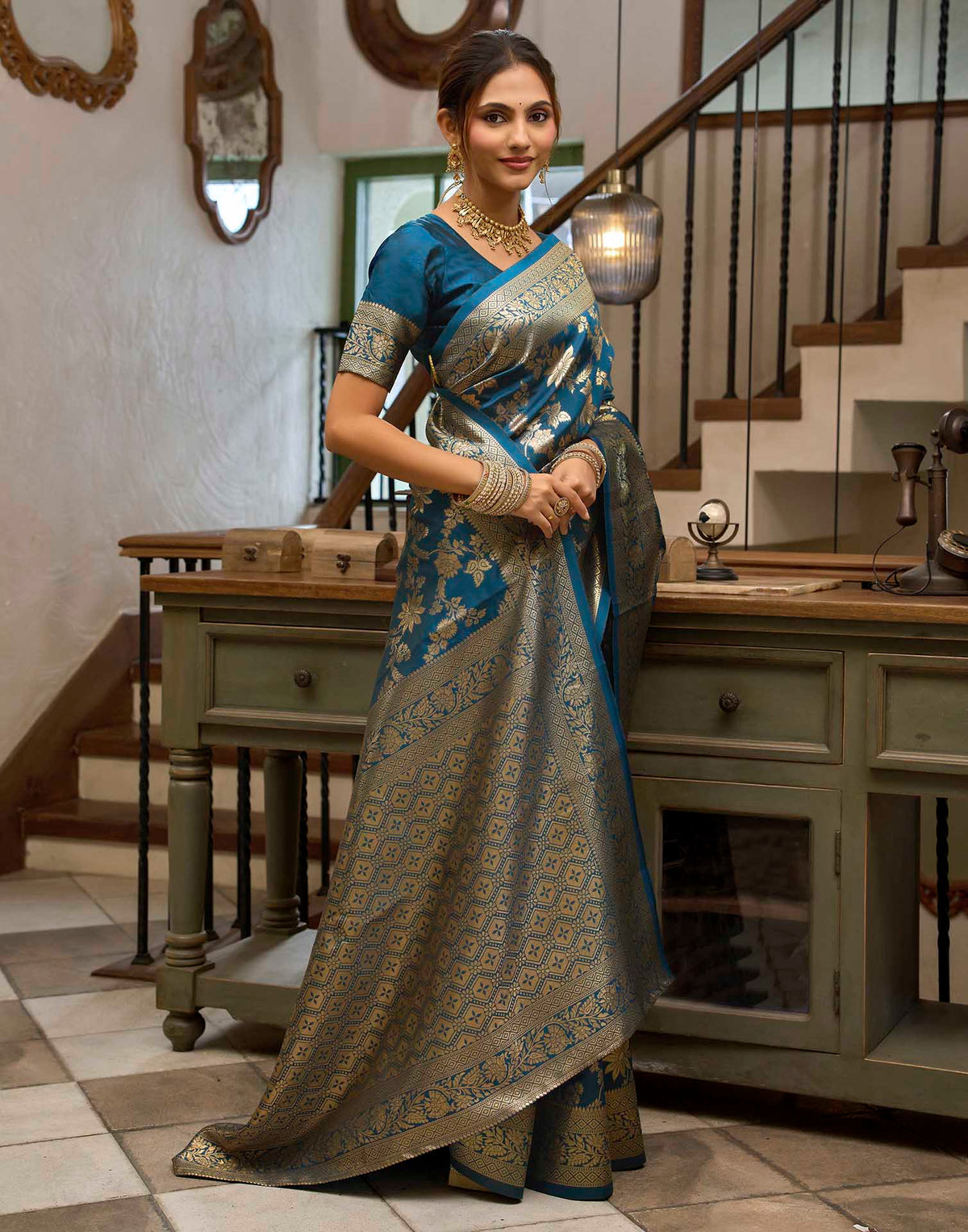 Peacock Blue Silk Woven Banarasi Saree