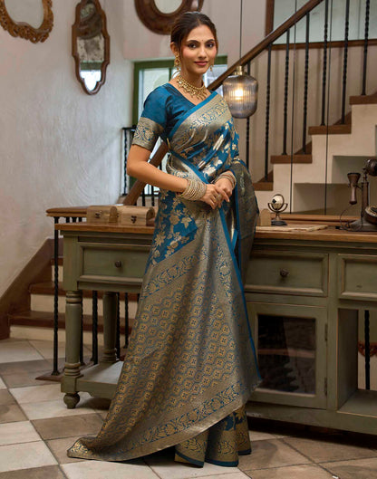 Peacock Blue Silk Woven Banarasi Saree