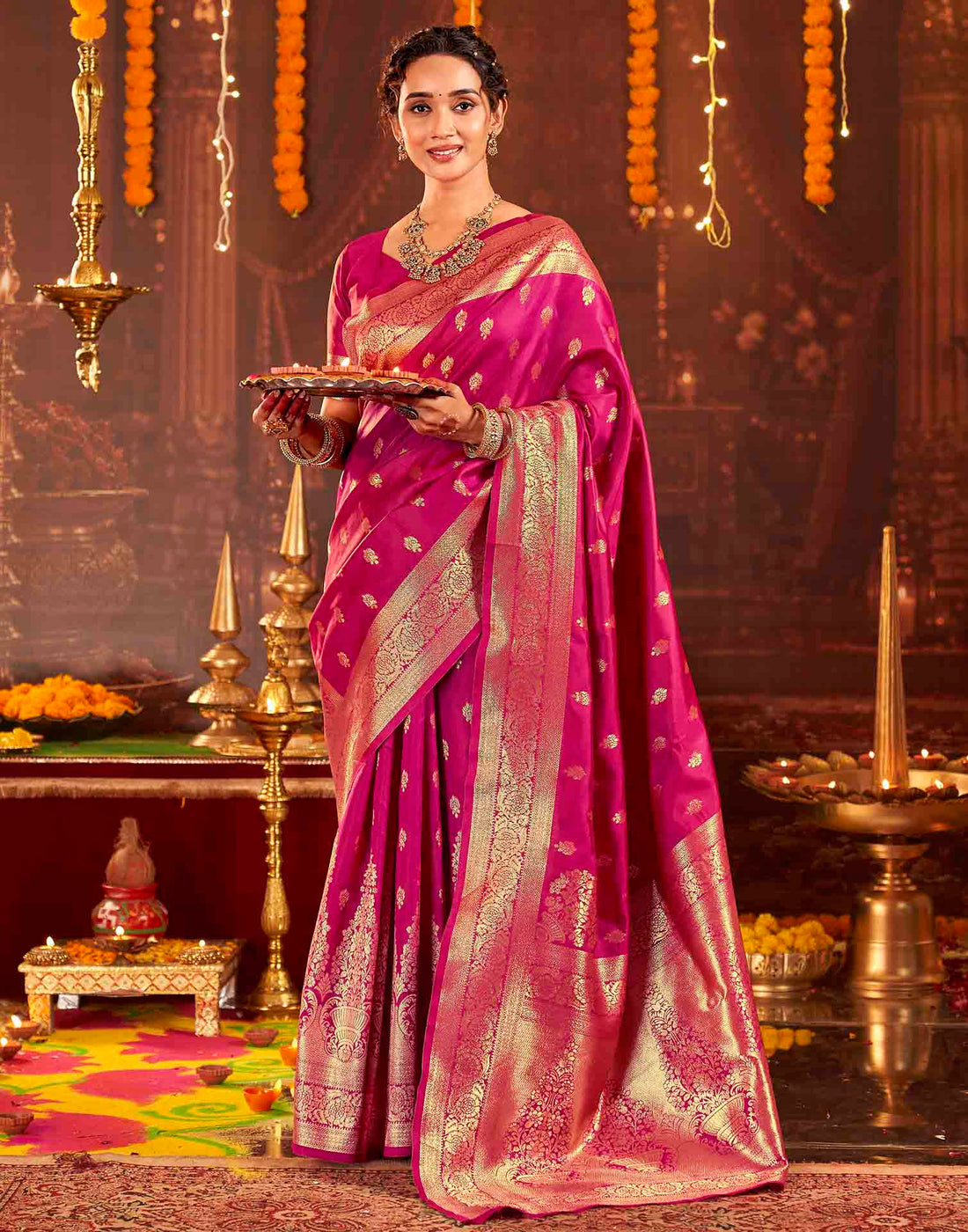 Dark Pink Silk Woven Banarasi Saree