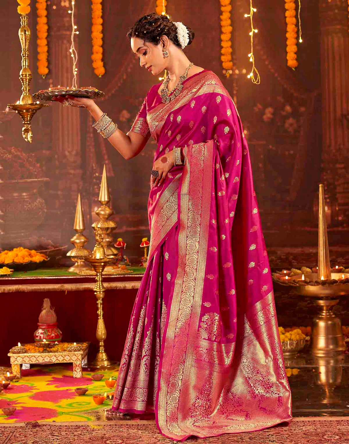 Dark Pink Silk Woven Banarasi Saree