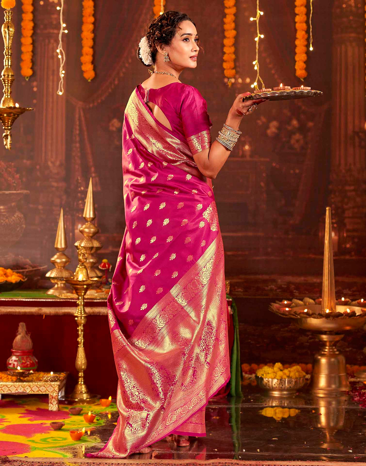 Dark Pink Silk Woven Banarasi Saree