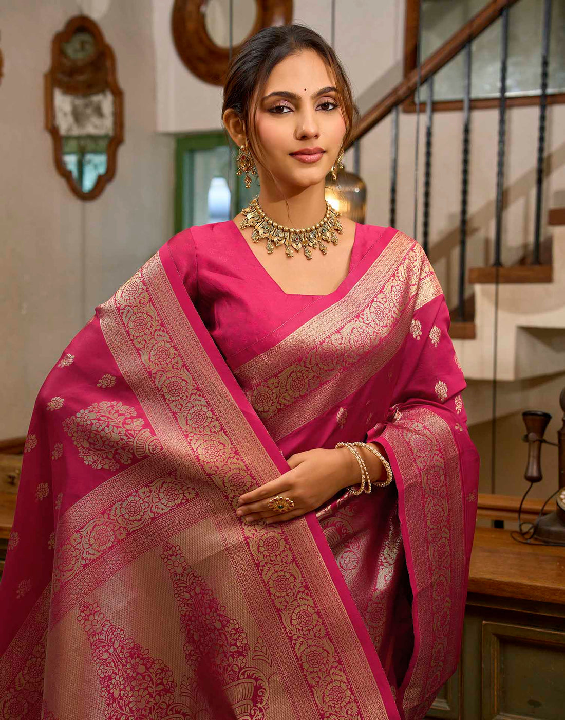Dark Pink Silk Woven Banarasi Saree