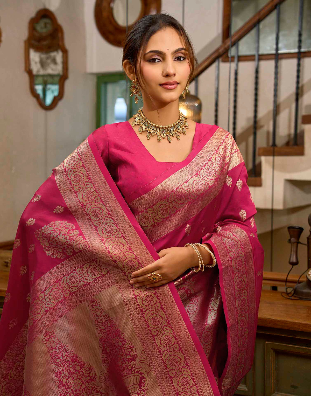 Dark Pink Silk Woven Banarasi Saree