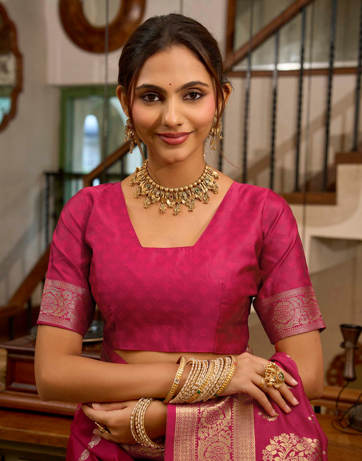 Dark Pink Silk Woven Banarasi Saree