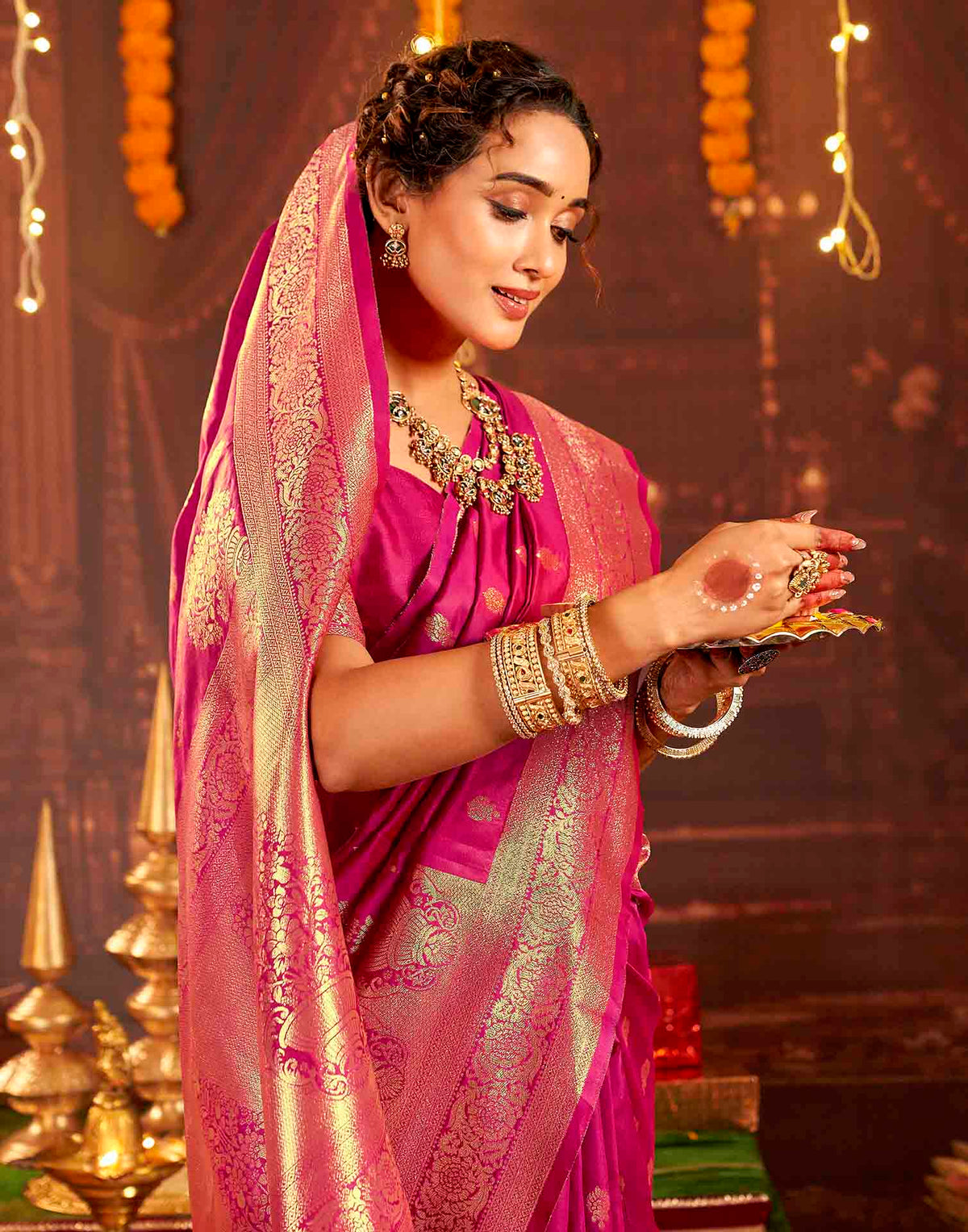 Dark Pink Silk Woven Banarasi Saree