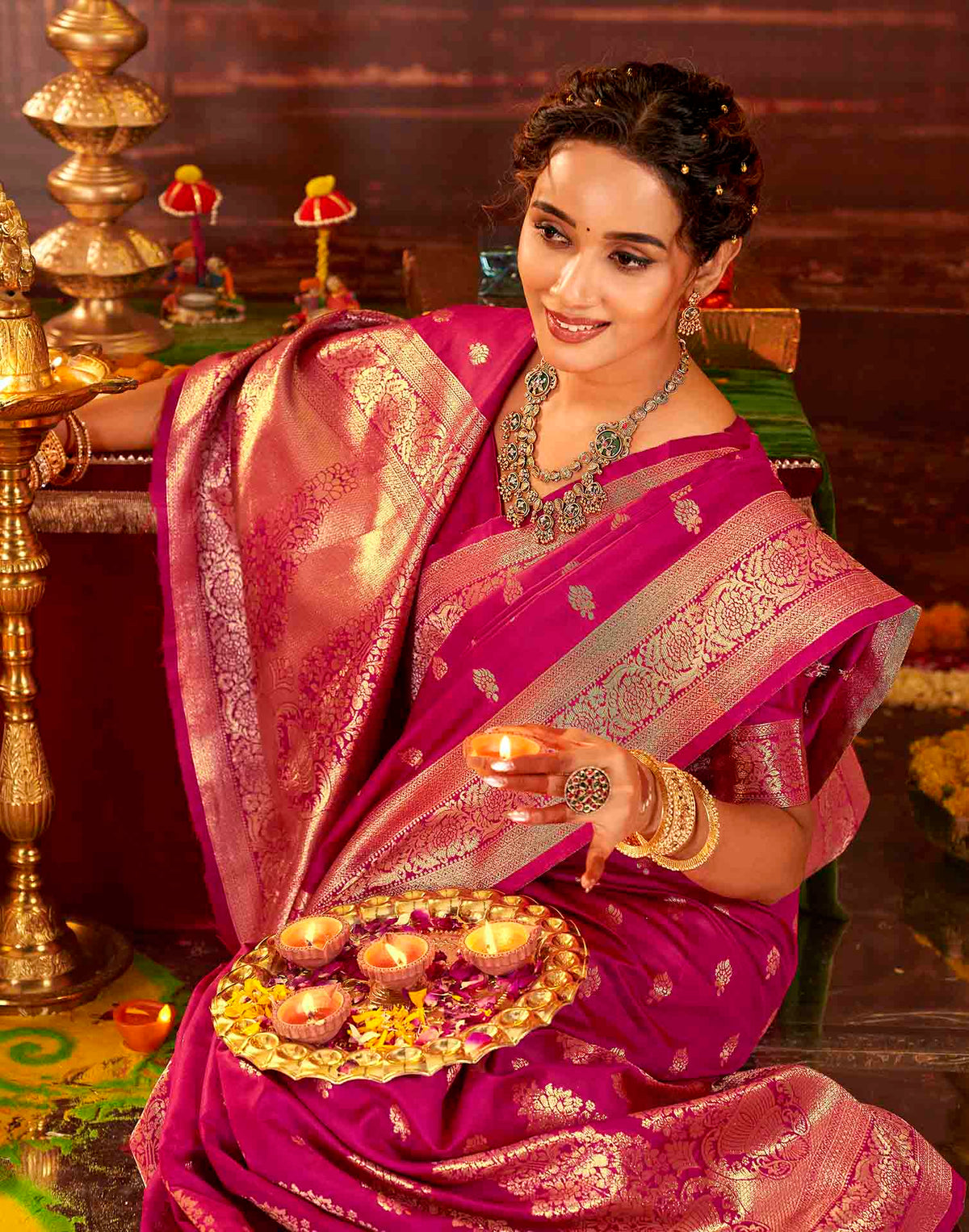 Dark Pink Silk Woven Banarasi Saree