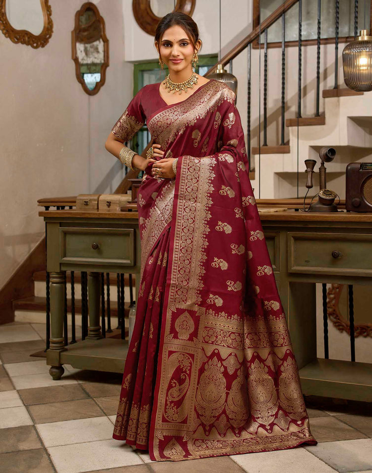 Maroon Silk Woven Banarasi Saree